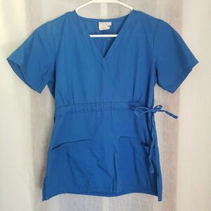 White Swan Fundamentals Scrub Top Blue Scrubs Medical Vet Side Tie Women Size XS
